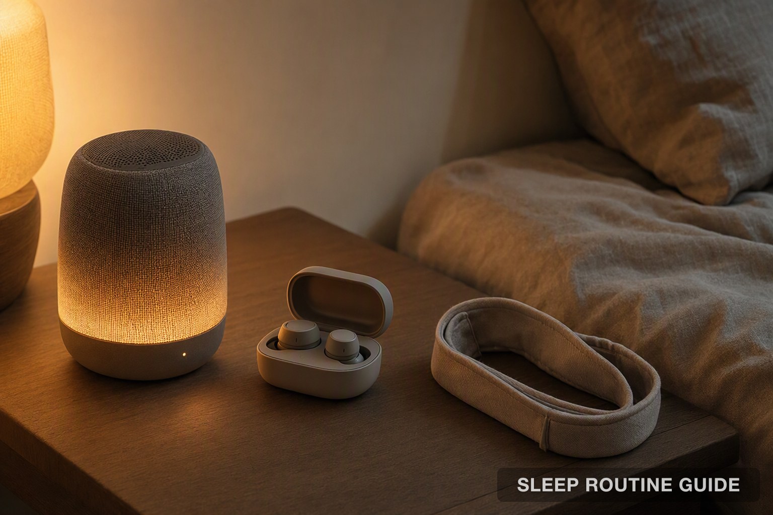 A bedside speaker with a warm glow, sleep earbuds in a charging case and a fabric headband on a nightstand at dusk