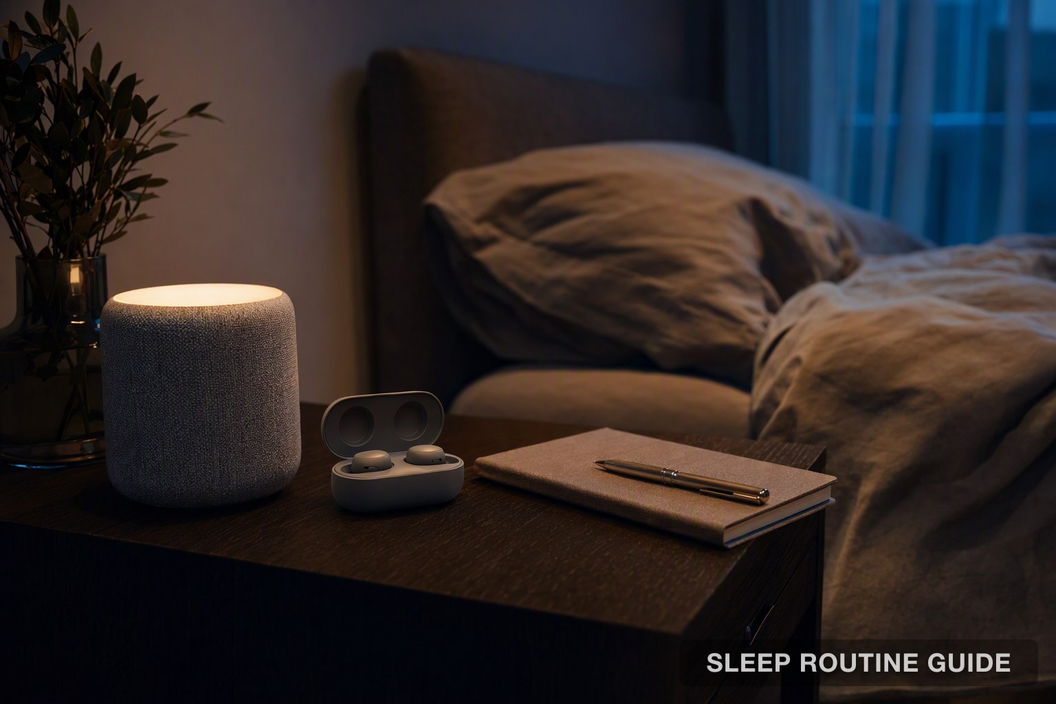 A softly glowing bedside sleep device and a pair of sleep earbuds on a nightstand at dusk