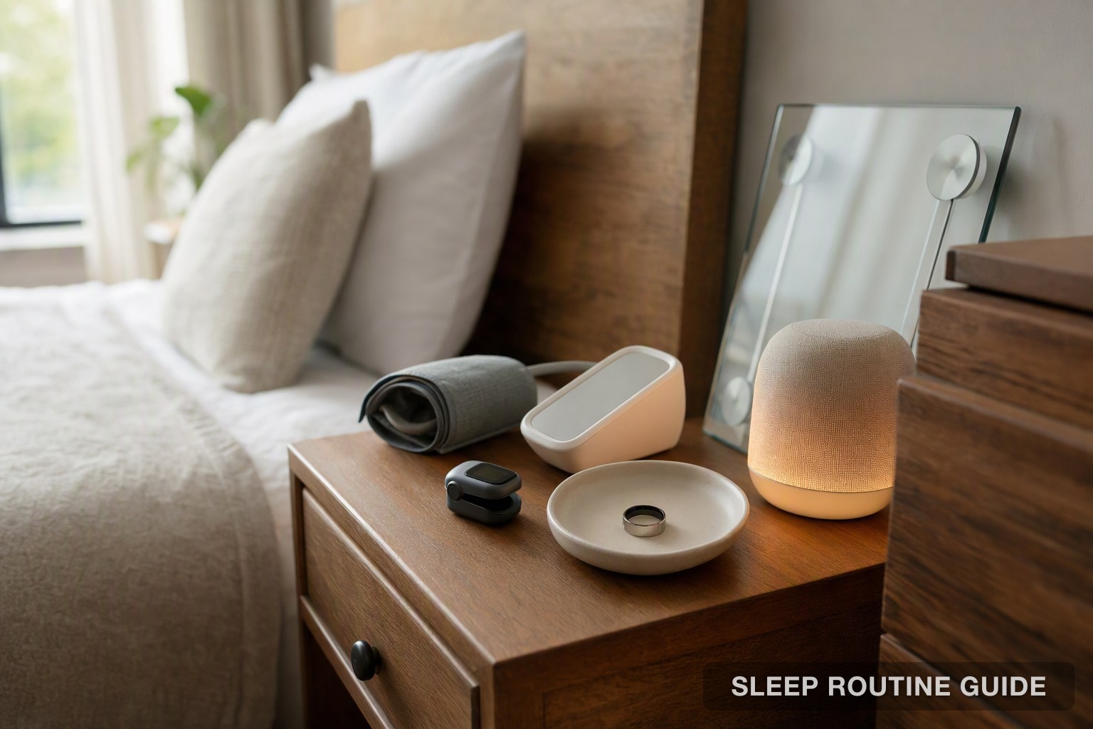 Home health devices on a bedside table: a blood pressure cuff, a smart scale, a fingertip sensor, a ring and a glowing bedside lamp
